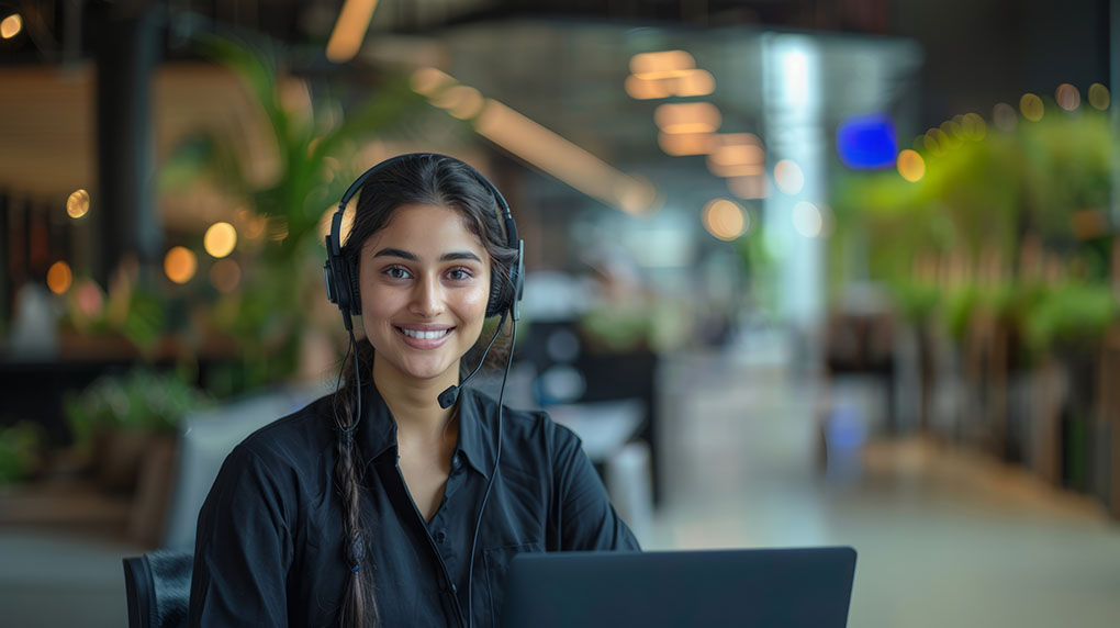 Happy sales representative smiling due to satisfaction from VoIP